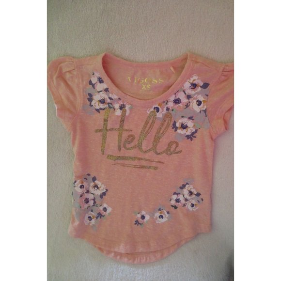 Girl Vigoss Top t-shirt Size X small peach Floral Hello New - Picture 1 of 8